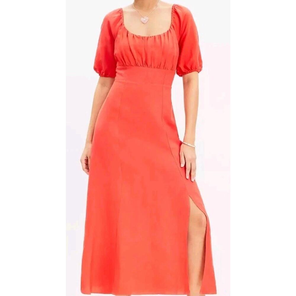 Loft Dress Coral Puff Sleeve Square Neck Midi Size 6 Milkmaid Linen Blend